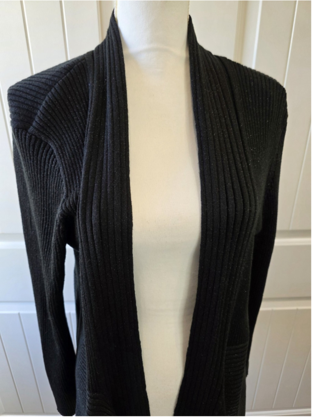 Dana Buchman Sweater Sz L Cardigan Open Front Ribbed Shimmer Black Elegant - Picture 5 of 11